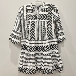NWT Millenium White/Black Geometric Mini Dress Sz M  Ruffle Sleeve Babydoll ART